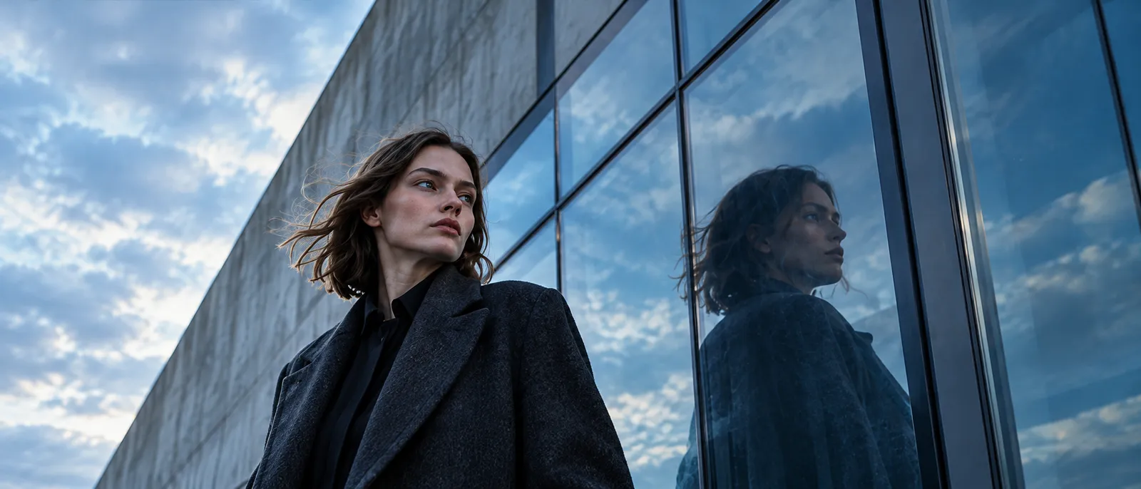 A woman in a charcoal coat beside a blue glass facade, her reflection in the glass