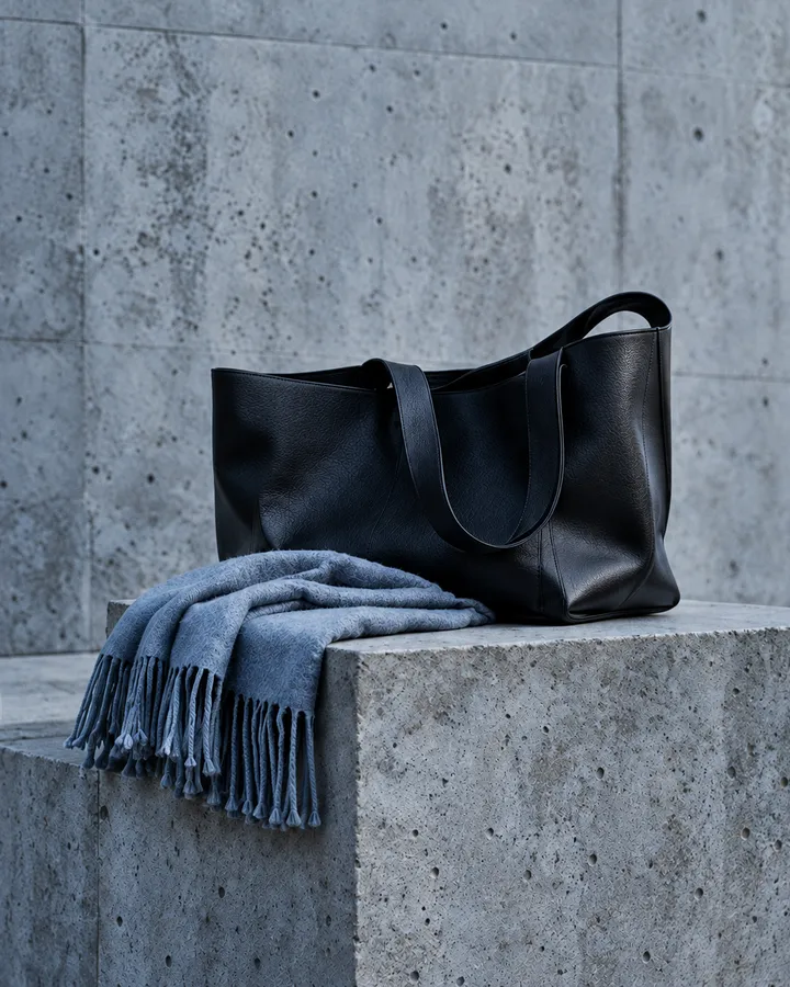 A black leather tote and a folded steel-blue wool scarf on a concrete plinth