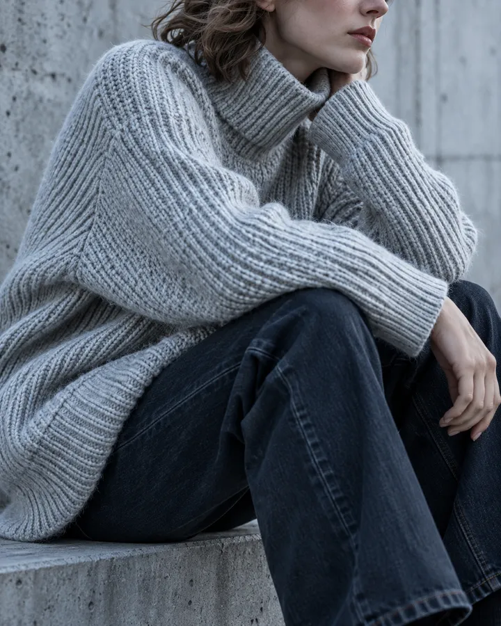 A woman in a chunky ice-grey knit sitting on concrete, her chin on her hand