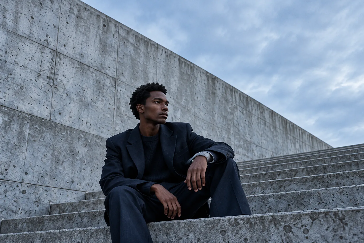 A man in an ink suit sitting on a wide concrete stair under a pale sky