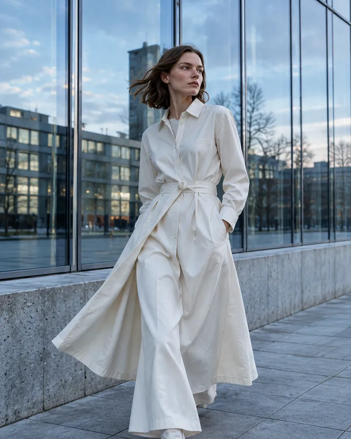 A woman in a long ivory shirt-dress walking past a glass and concrete building, her hair in the wind