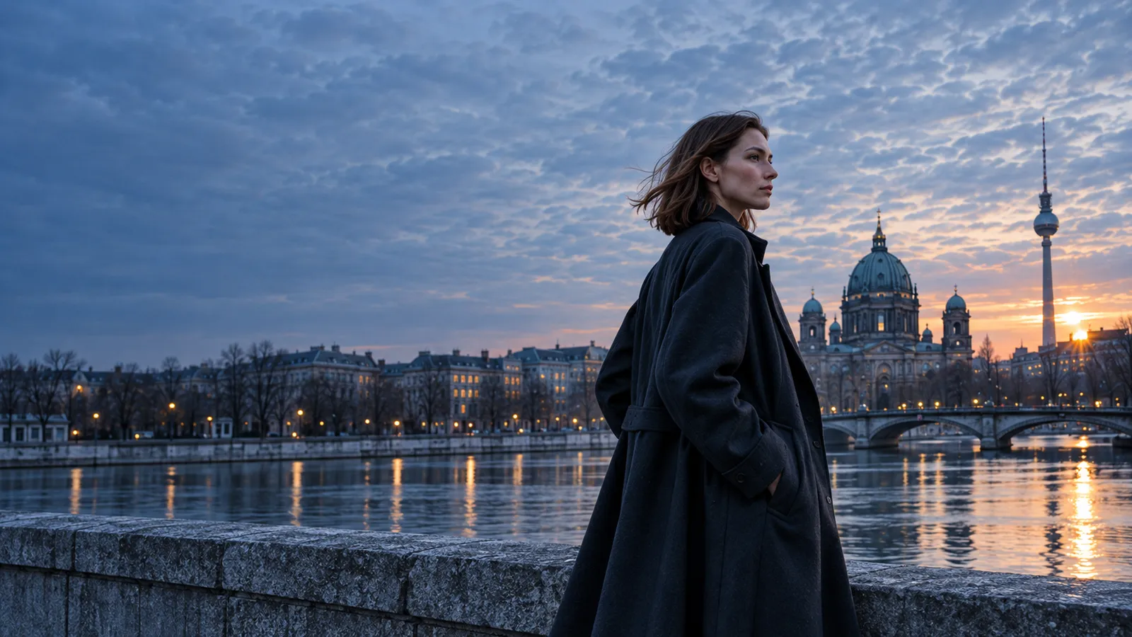 A woman in a long ink coat in profile beside the river at dusk, the city's domes and tower behind her
