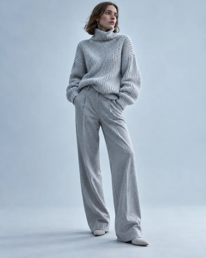 A woman in a chunky ice-grey funnel-neck jumper