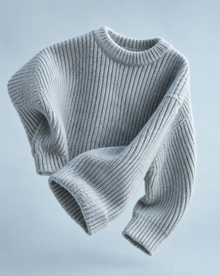 An ice-grey ribbed crew-neck jumper floating against a pale blue-grey ground