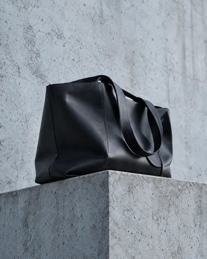 A black leather tote with a folded top standing on a pale concrete plinth