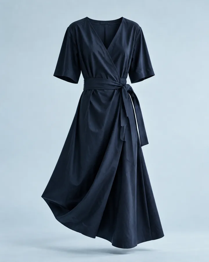 An ink-navy wrap dress with short sleeves and a tie belt on a pale blue-grey ground