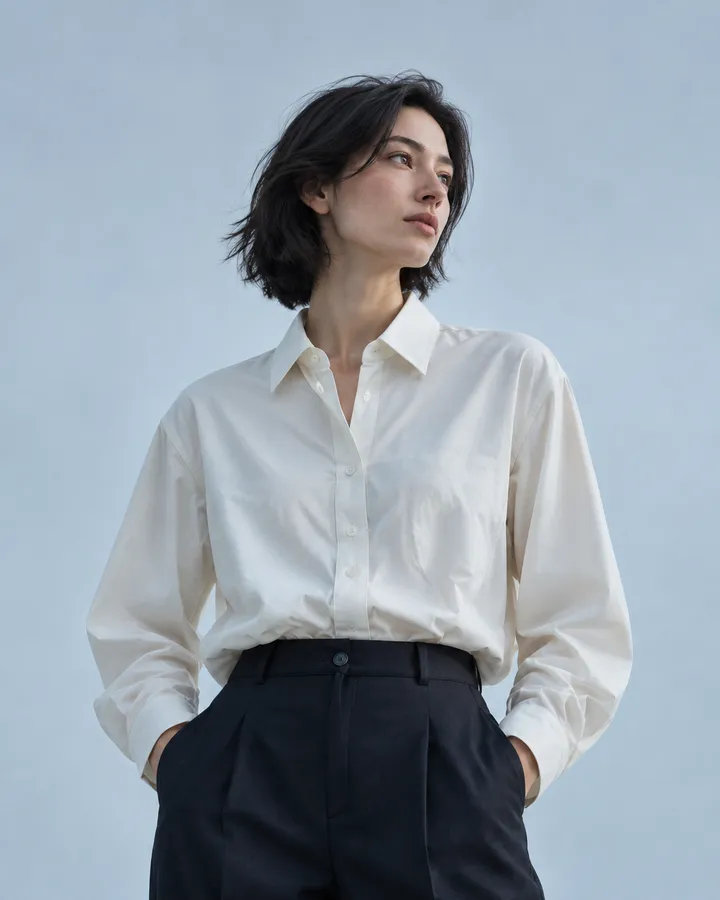 A woman in an ivory draped blouse tucked into dark trousers