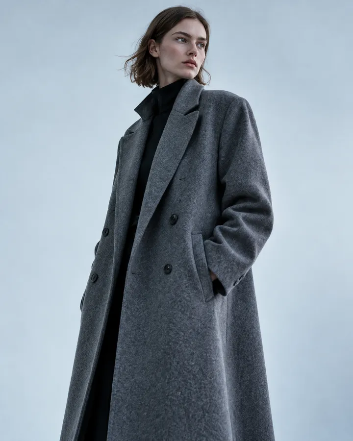 A woman in a long slate-grey double-breasted wool coat over a black knit