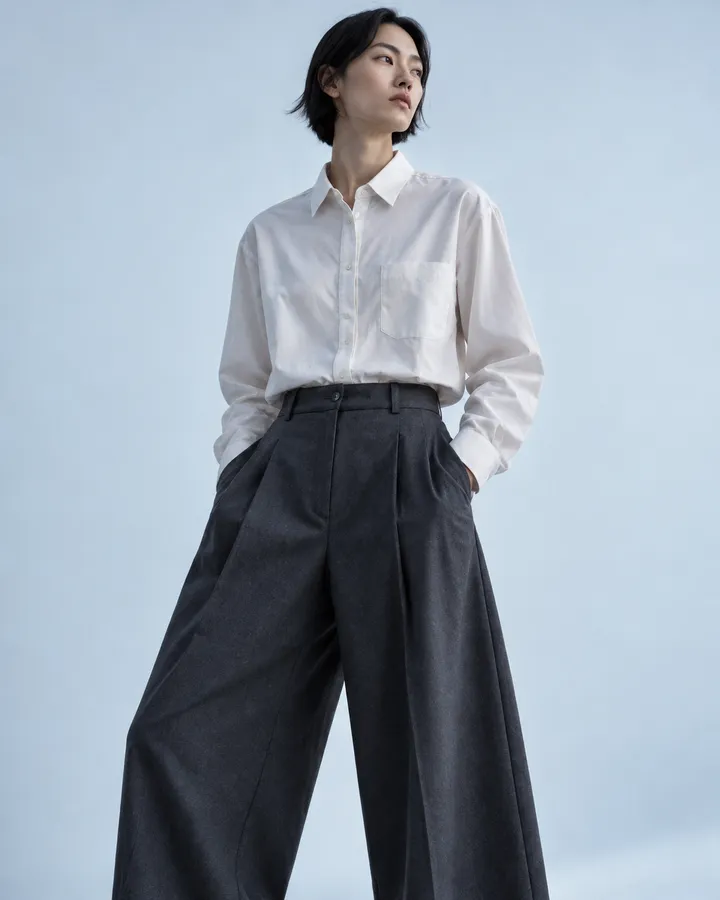 Wide graphite wool trousers with deep pleats, worn with a pale shirt