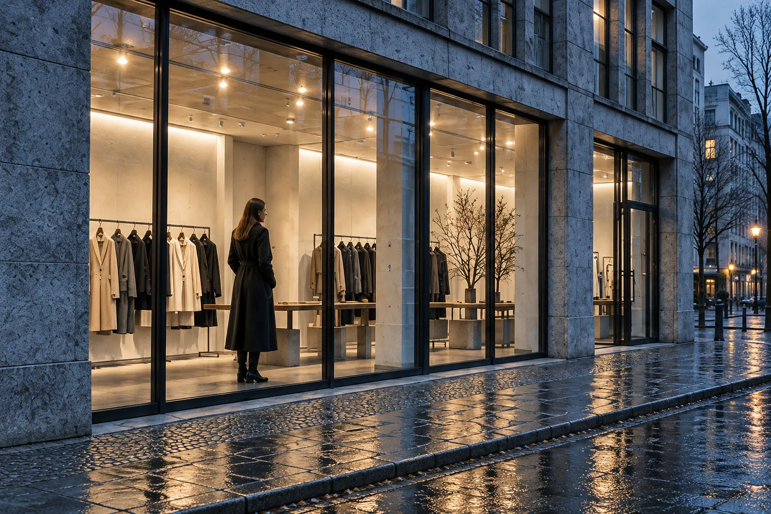 The glass-fronted studio shop at blue hour: a pale room with rails of slate and ivory clothes and one visitor inside