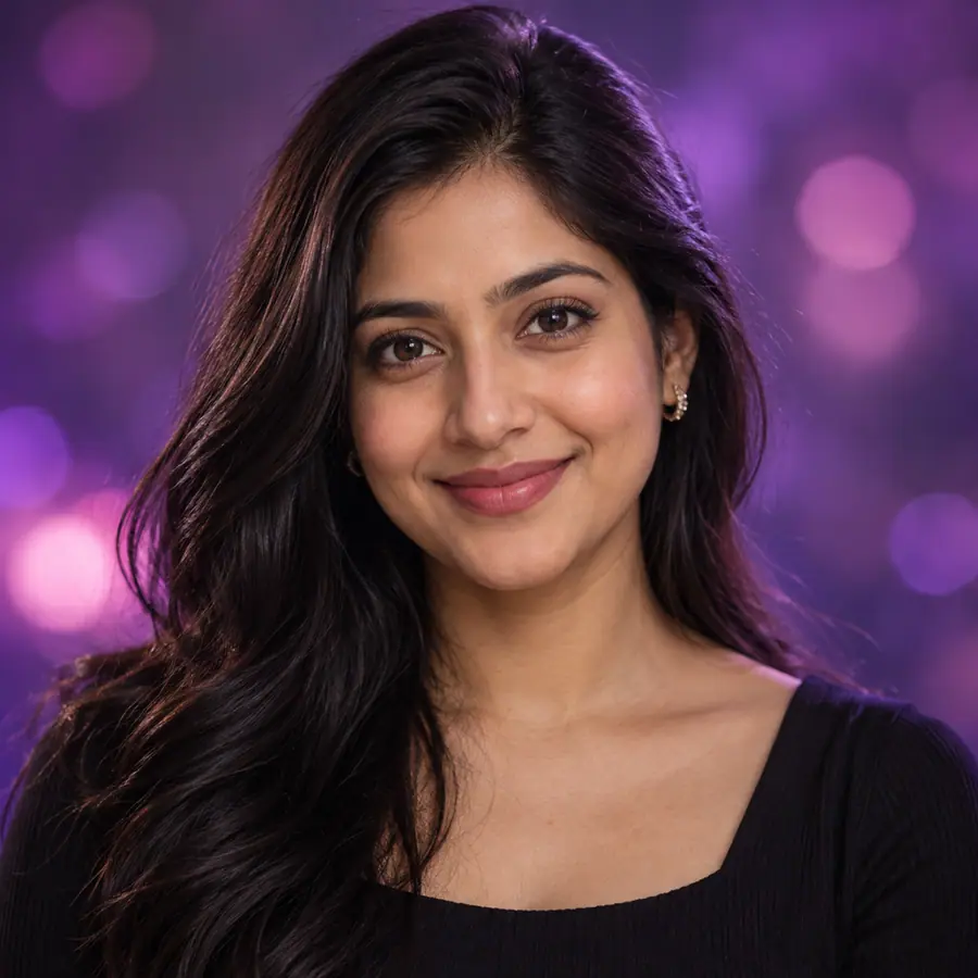 Portrait of Priya, smiling, with long dark hair, in a black top against a violet backdrop