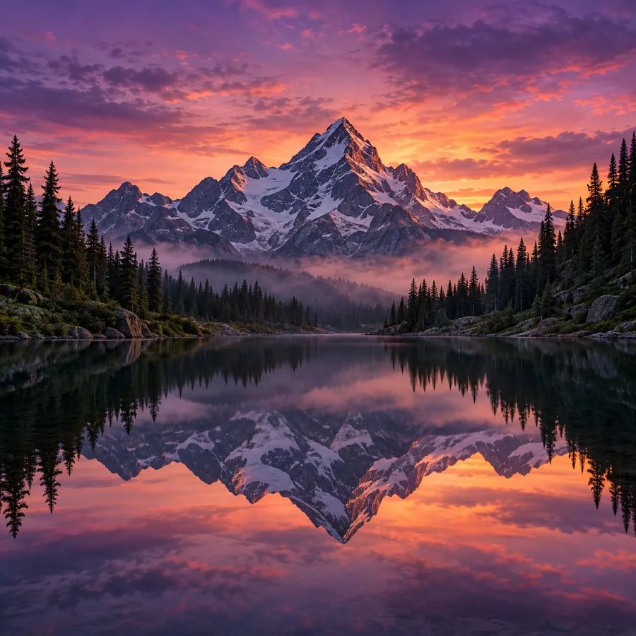 A still mountain lake at dusk between pine forests, a snowy peak mirrored in the water