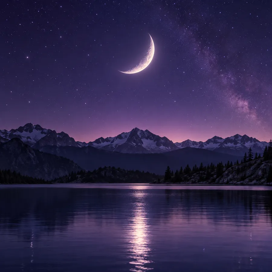 A crescent moon over dark mountains and a lake in a violet starry night