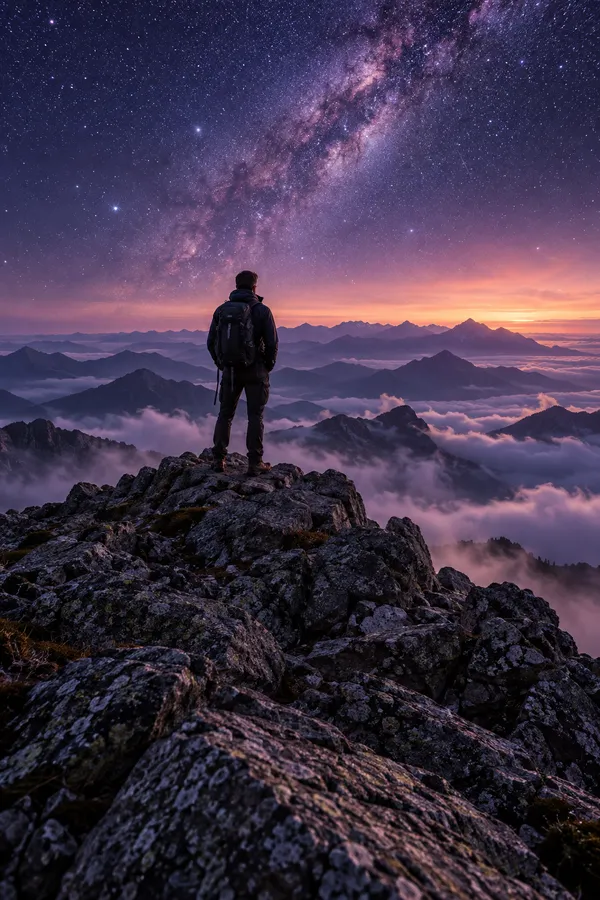 A hiker seen from behind on a rocky summit, looking out over violet mountains under the Milky Way