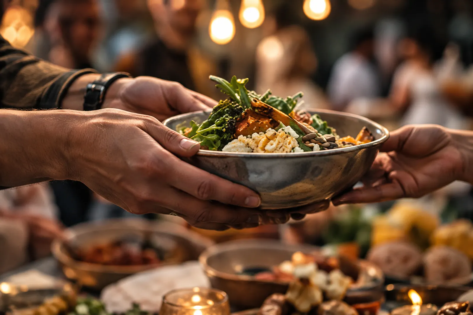Hands passing a bowl of street food across a long table under warm market lights