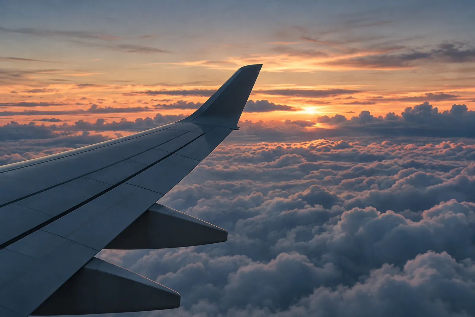 An aircraft wing over a sea of cloud at dusk, the sky glowing orange on the horizon