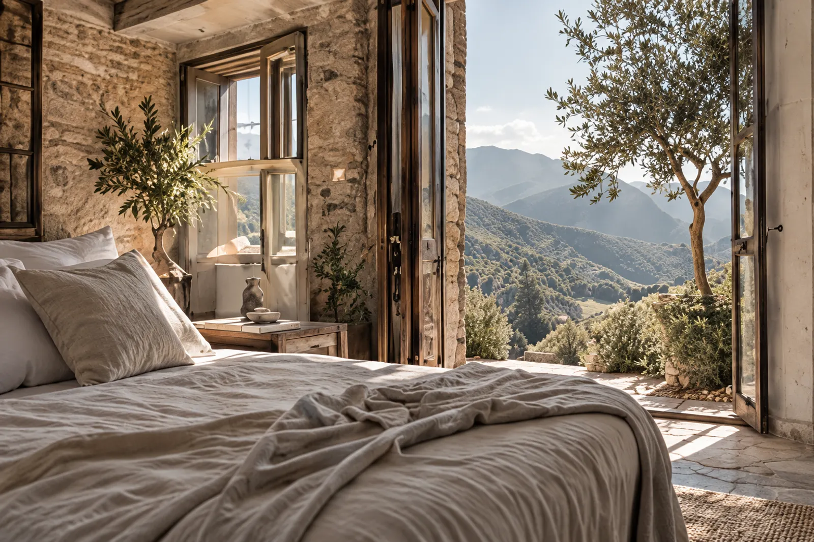 A linen-made bed in a stone room, the door open onto an olive tree and green hills