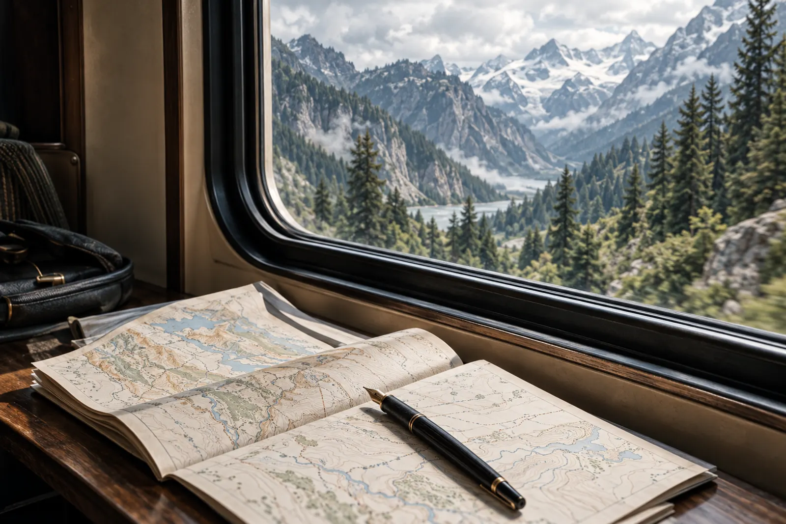 An open map and a pen on a train table beside a window full of mountains and pines