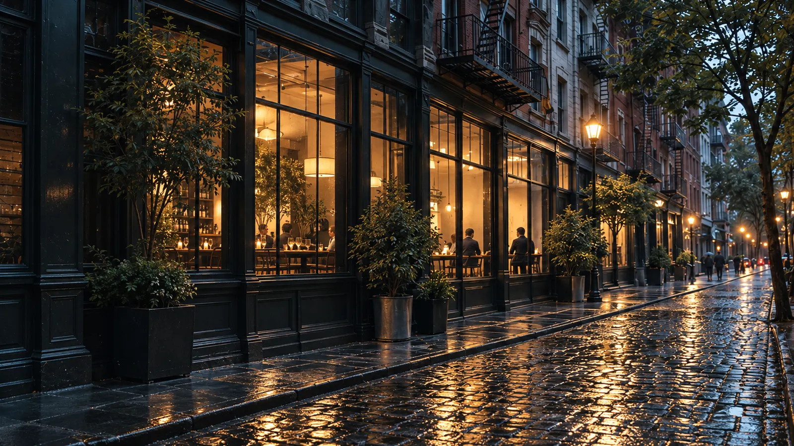 A rain-wet cobbled street in SoHo at blue hour, people dining behind tall lit windows