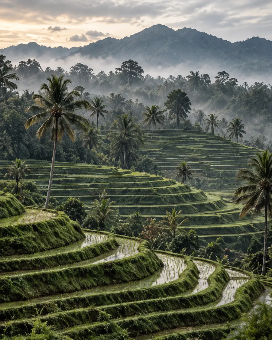 Bright green rice terraces curving down a valley, palms and morning mist against a mountain ridge
