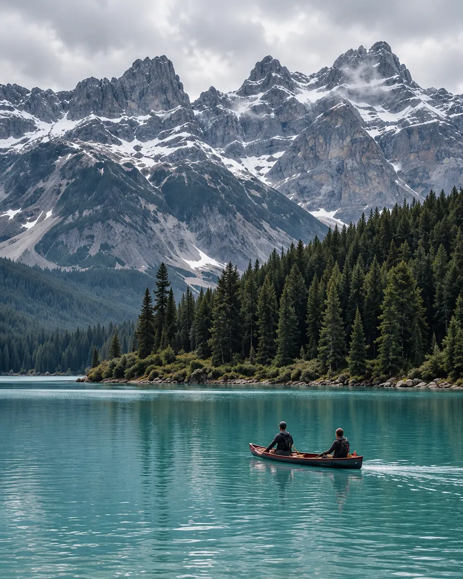 Two people paddling a canoe on a milky jade lake below jagged snowy peaks and dark pines