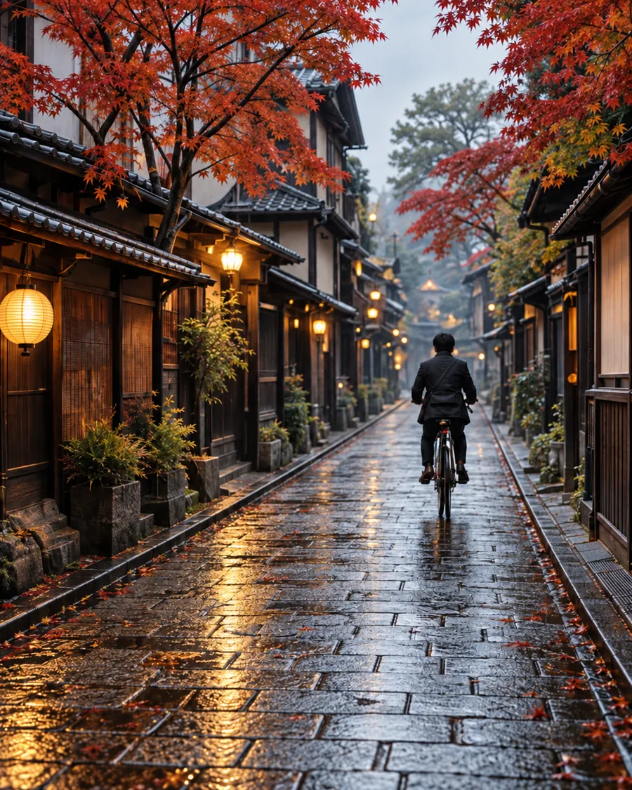 A cyclist riding down a rain-wet stone lane between old wooden houses and red maples, lanterns glowing