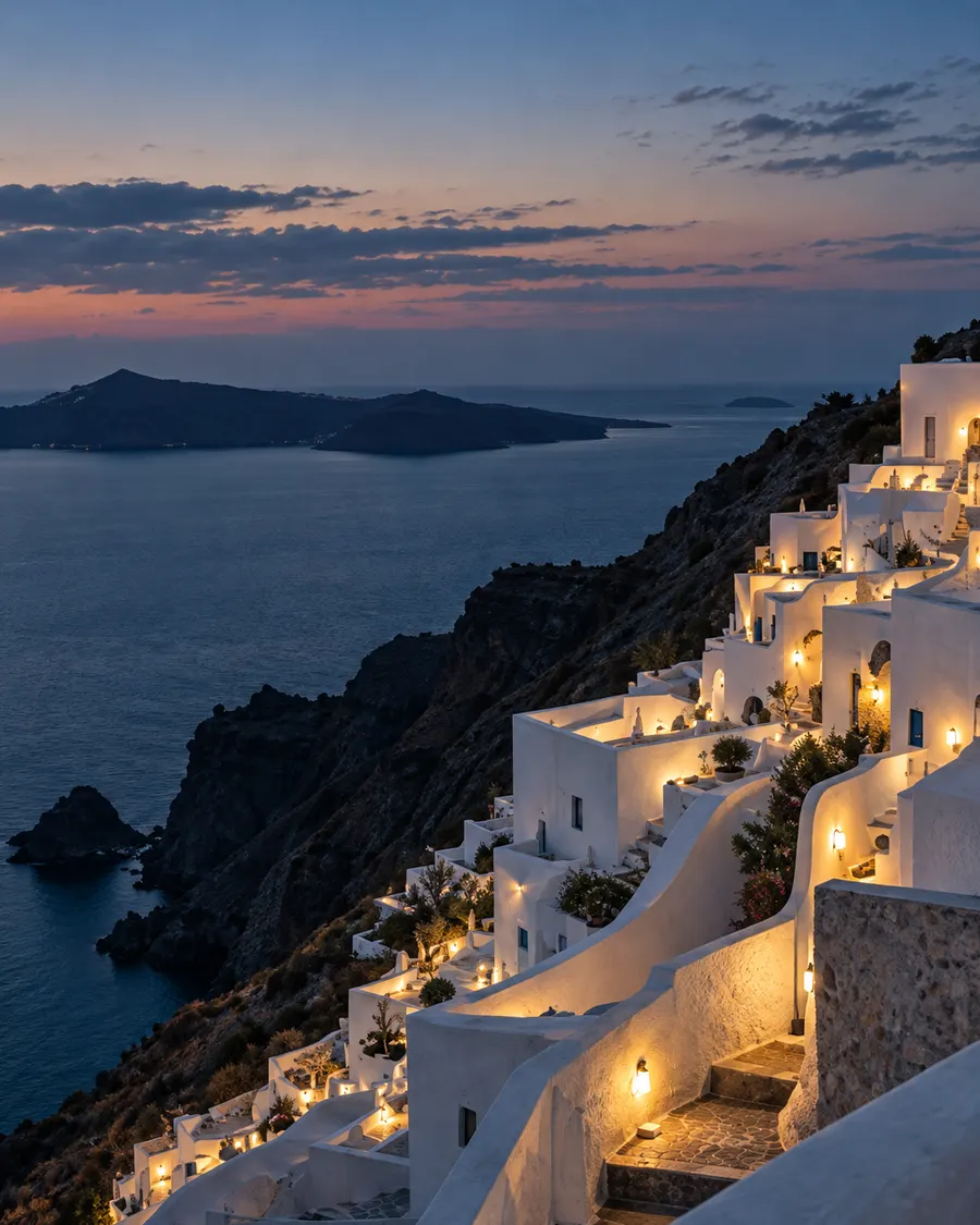 White cliff houses with warm lit windows stepping down to the dark Aegean at blue hour, an island offshore