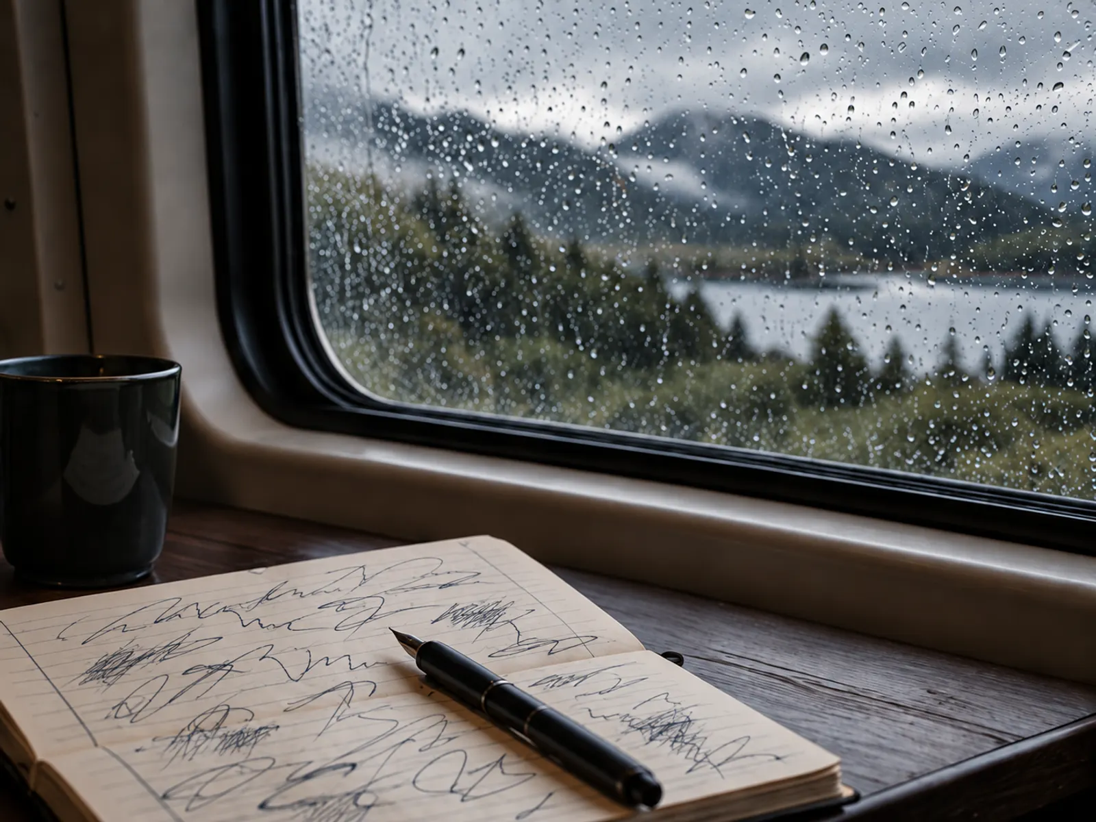 A notebook of handwritten travel notes and a pen on a train table beside a rain-streaked window