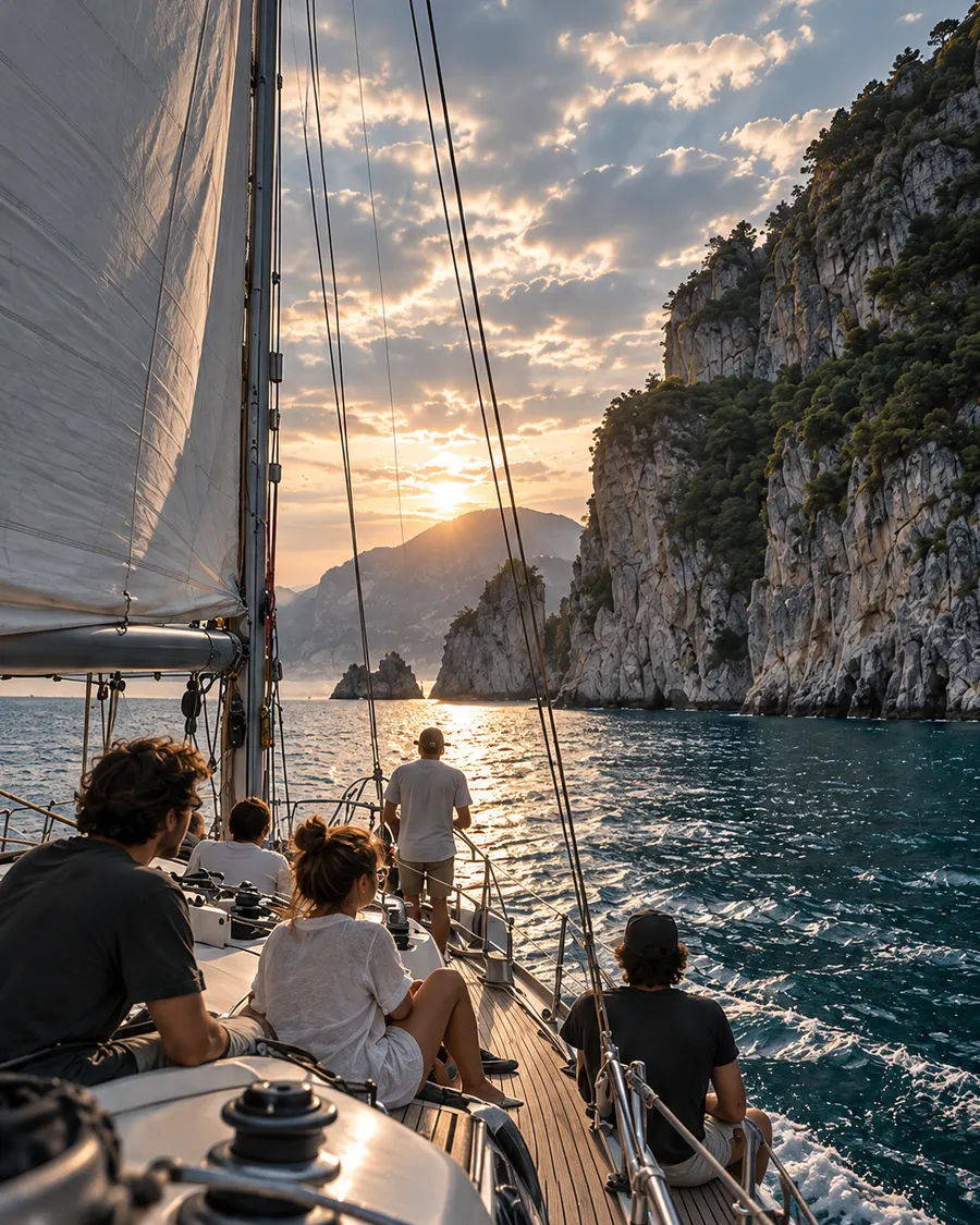 Travellers on the deck of a sailing boat gliding past steep limestone cliffs as the sun sets over the sea