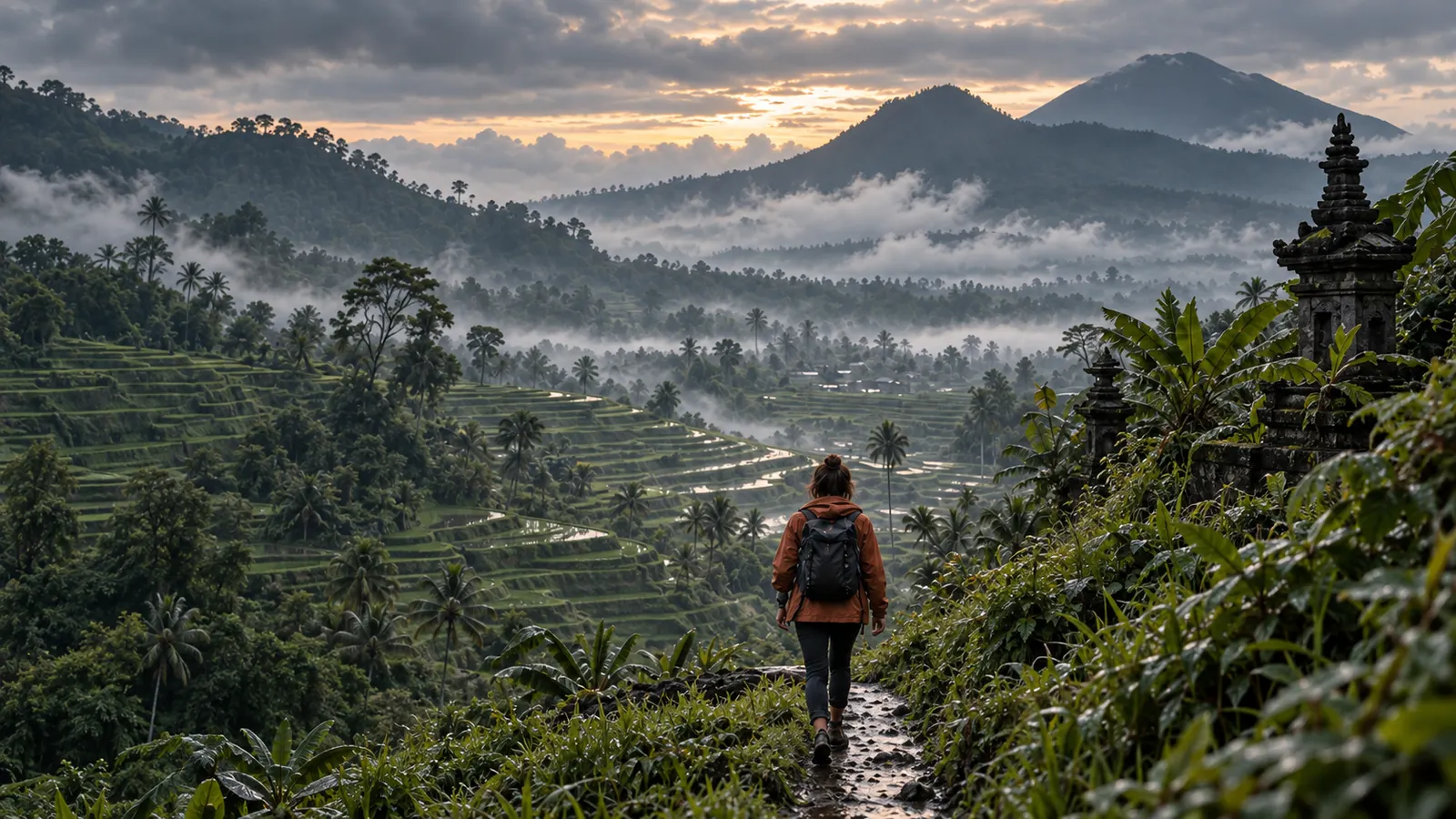A traveller in a rust jacket walking a narrow path through misty rice terraces below dark volcanic ridges at dawn
