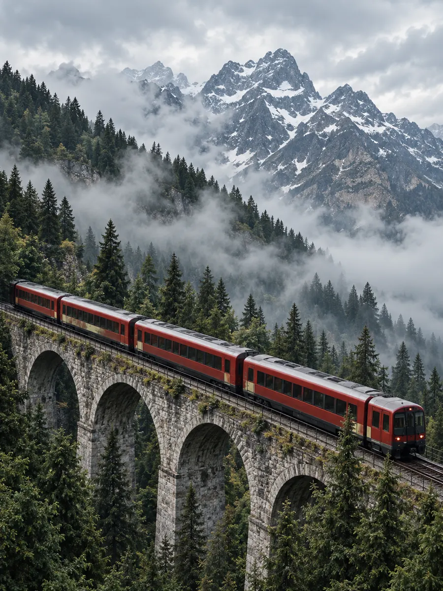 A red train crossing a stone viaduct through misty pine forest below snowy alpine peaks