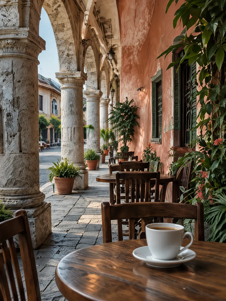 A cup of coffee on a round café table under a colonnade beside a clay-red wall