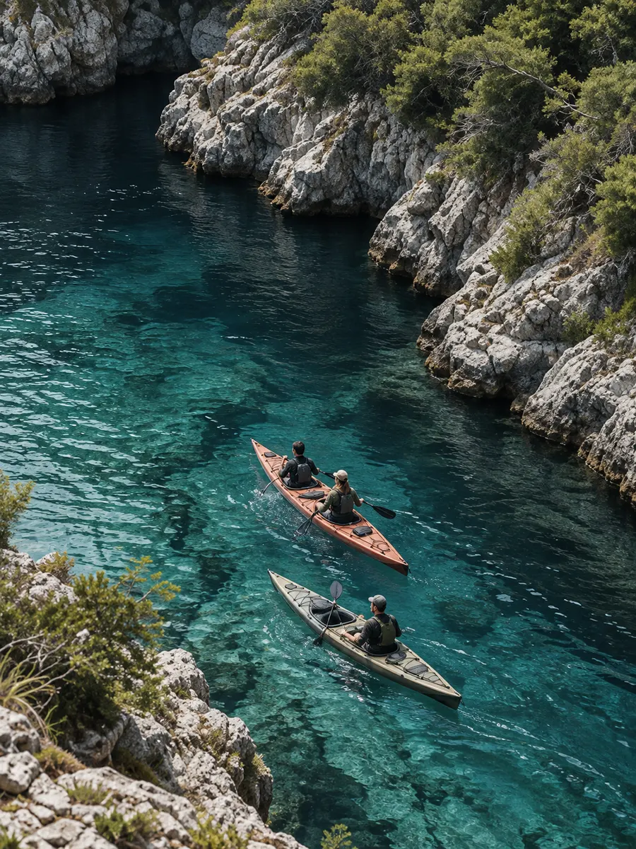 Two sea kayaks seen from above gliding through a clear turquoise cove between white rocks