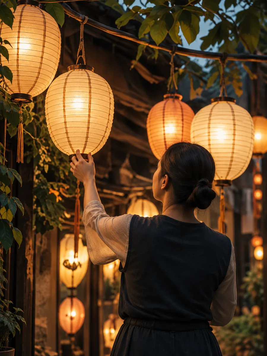 A woman hanging glowing paper lanterns in a narrow lane at night