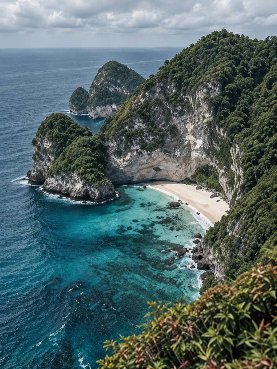 A limestone headland above a curved white beach and deep blue water, seen from a cliff path