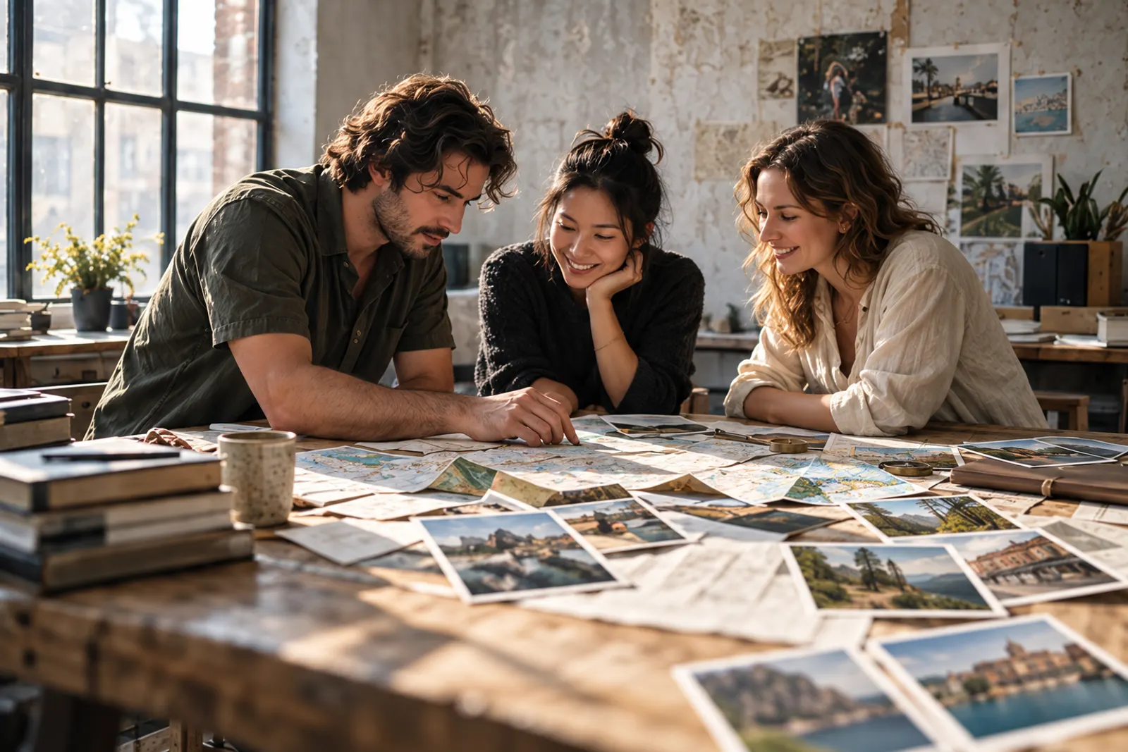 Three travel planners leaning over a worktable covered in maps and printed photographs, laughing