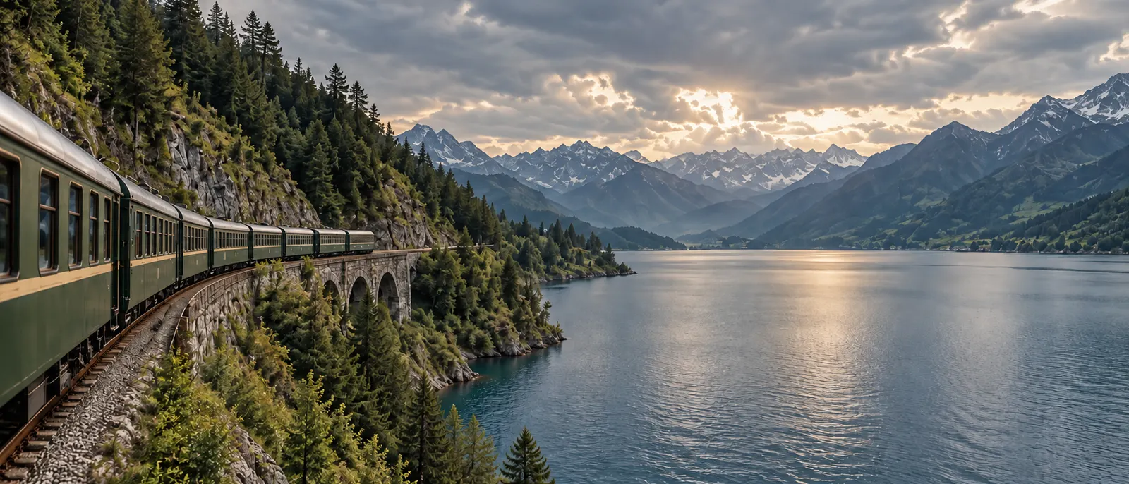 An old green train curving along a forested mountainside above a wide lake, peaks under late cloud