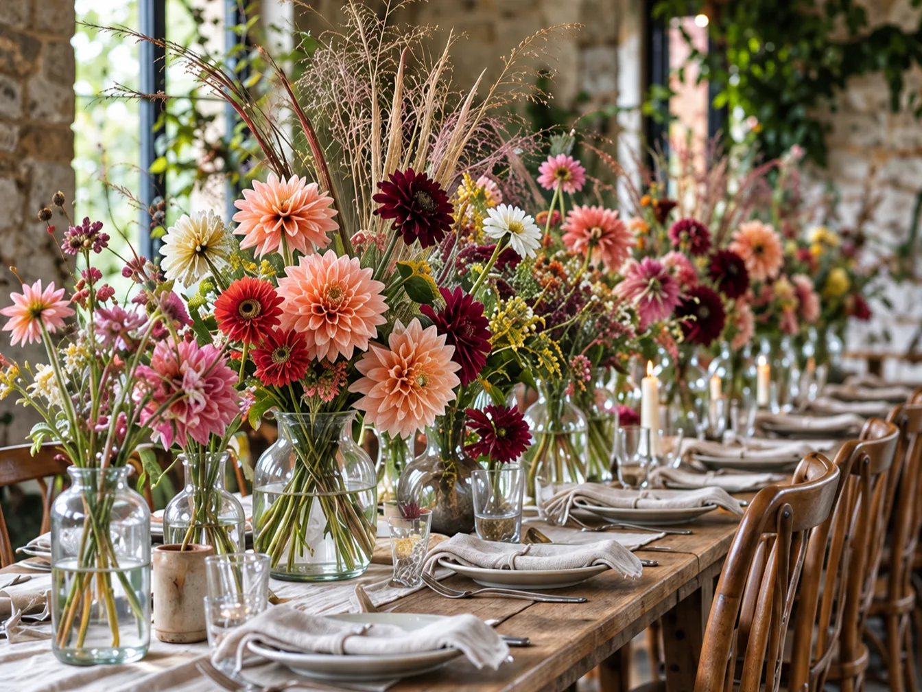 A long barn table laid with linen and lined with glass vases of dahlias and grasses