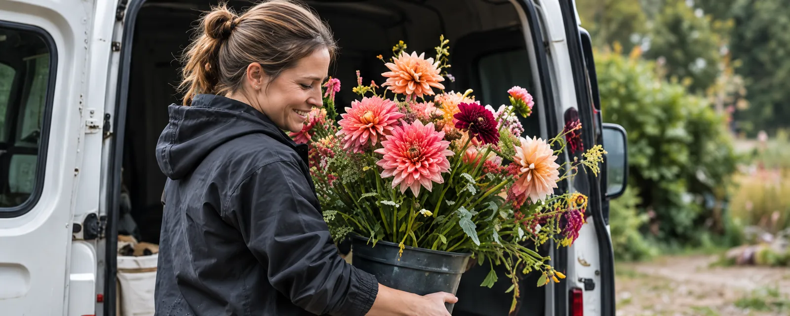 Bea Lowther lifting a bucket of pink dahlias out of the back of a plain white van