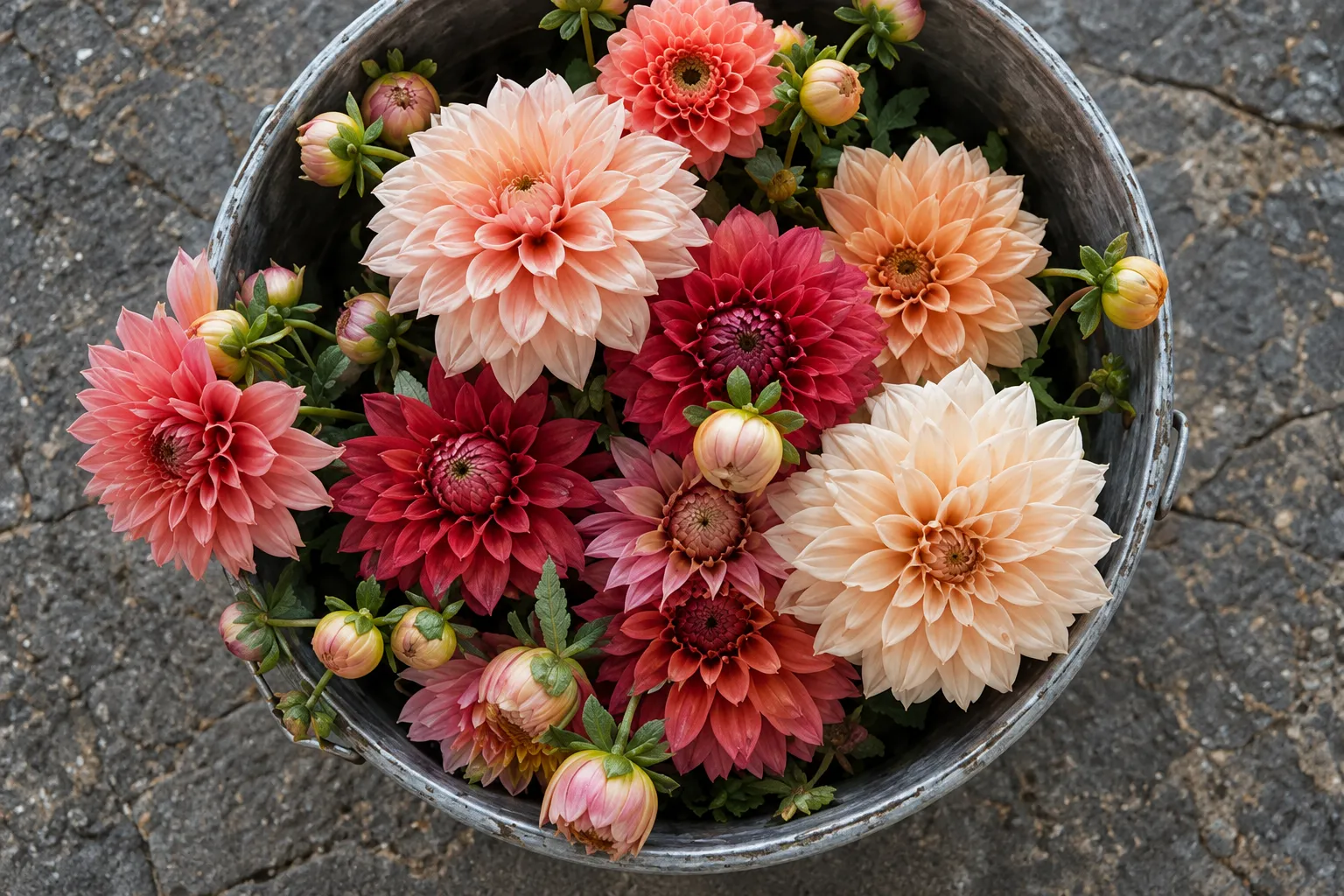 A zinc bucket packed with café-au-lait, coral and deep red dahlias, seen from above on a slate floor