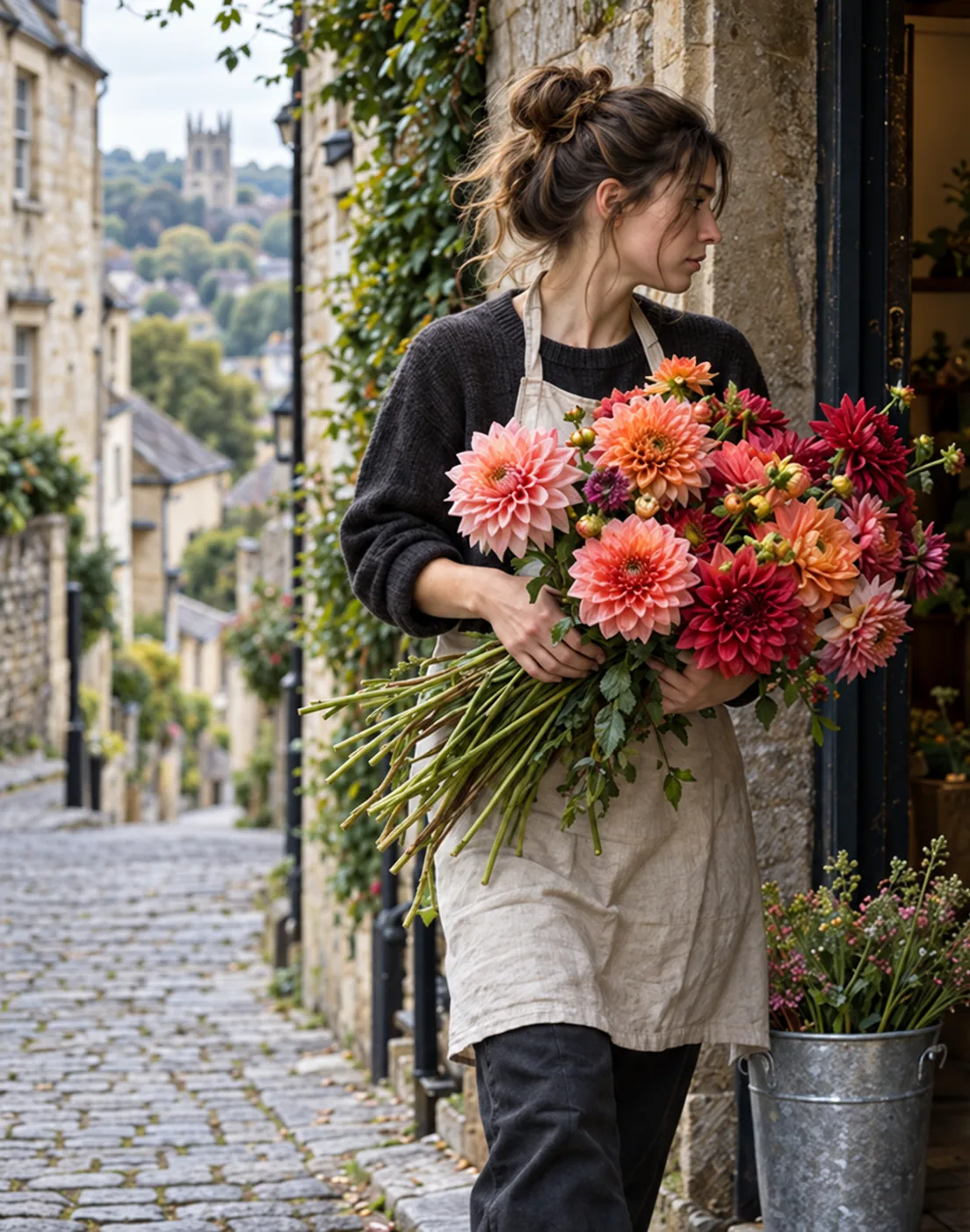 A florist in a linen apron carries an armful of coral and deep red dahlias out of a stone doorway on a steep cobbled street