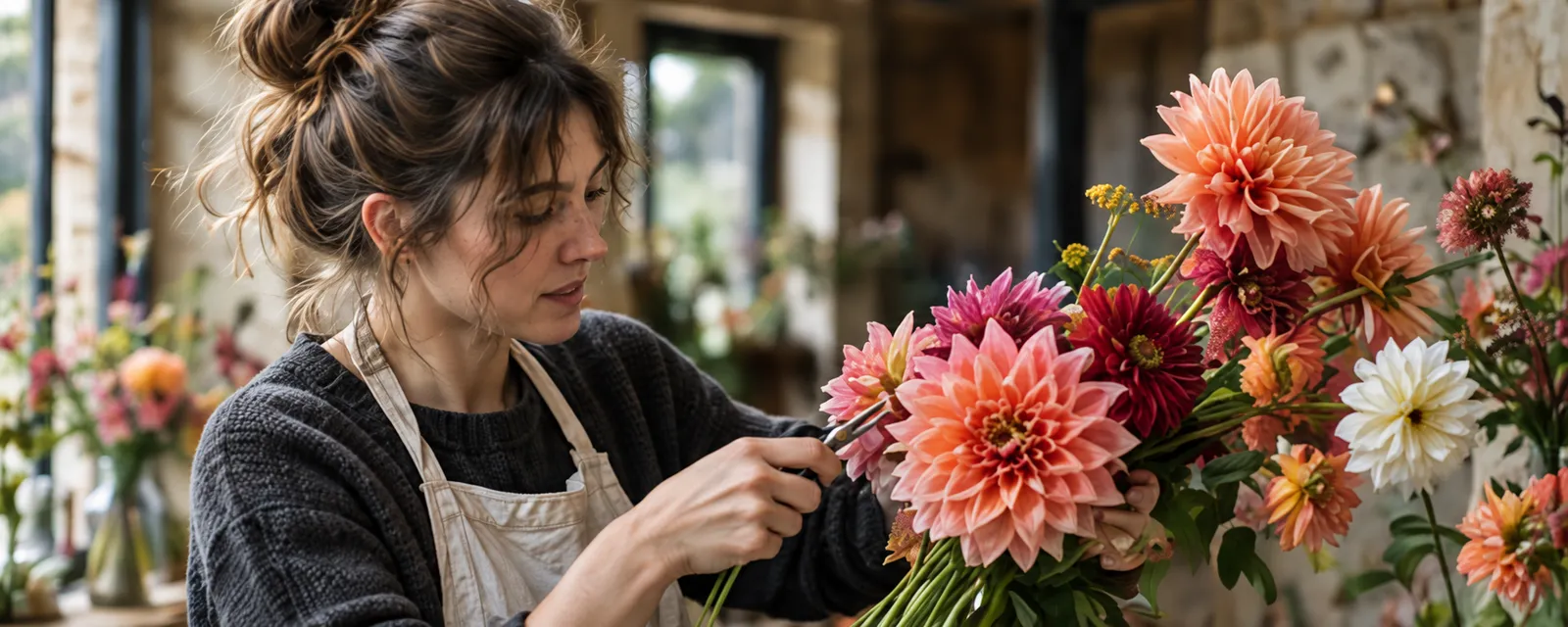 Ivy Marsh trimming coral dahlias at the studio table
