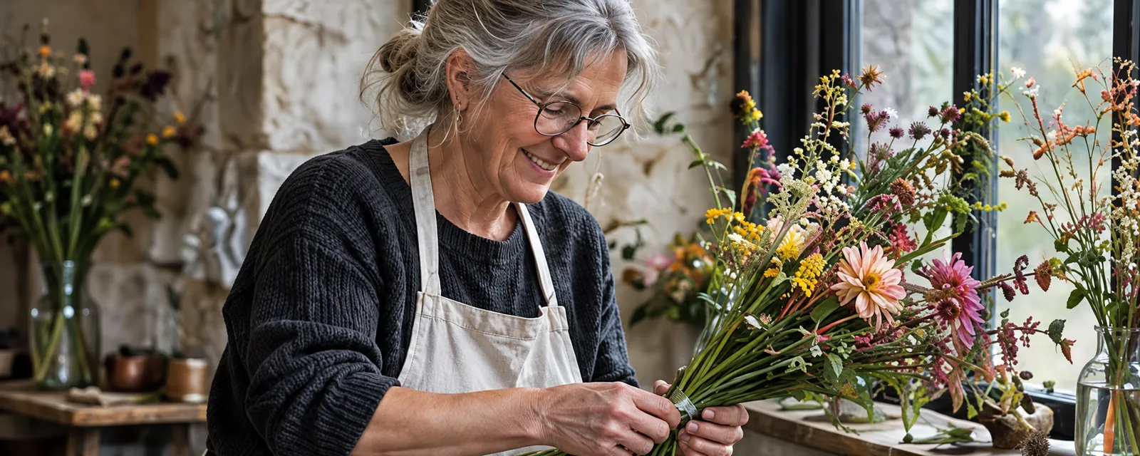 June Marsh smiling as she wraps a bunch of wild flowers by the window