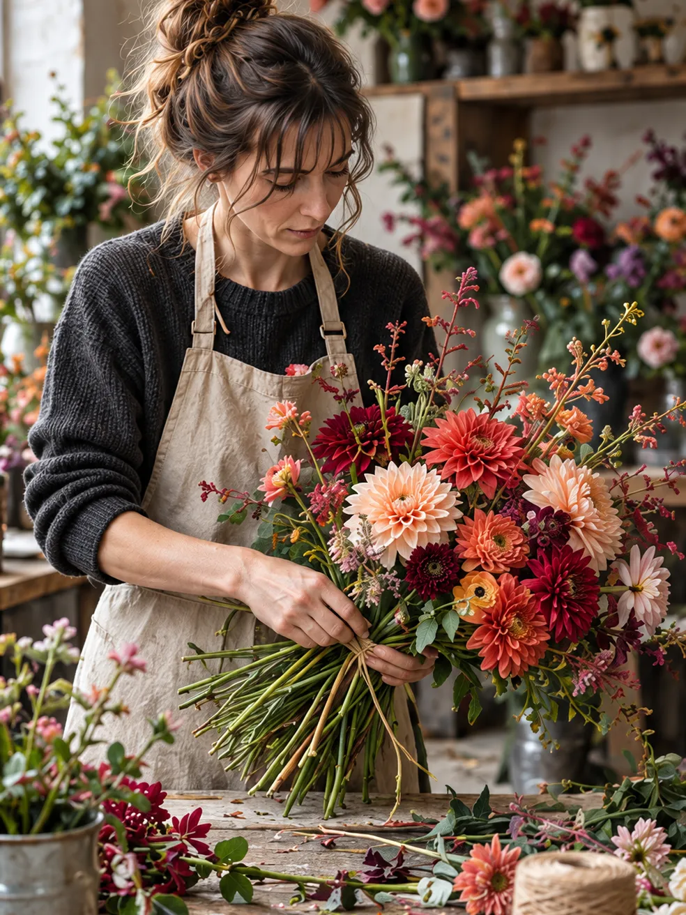 Ivy ties a loose bouquet of coral and burgundy dahlias at the studio's worktable, twine and scissors beside her