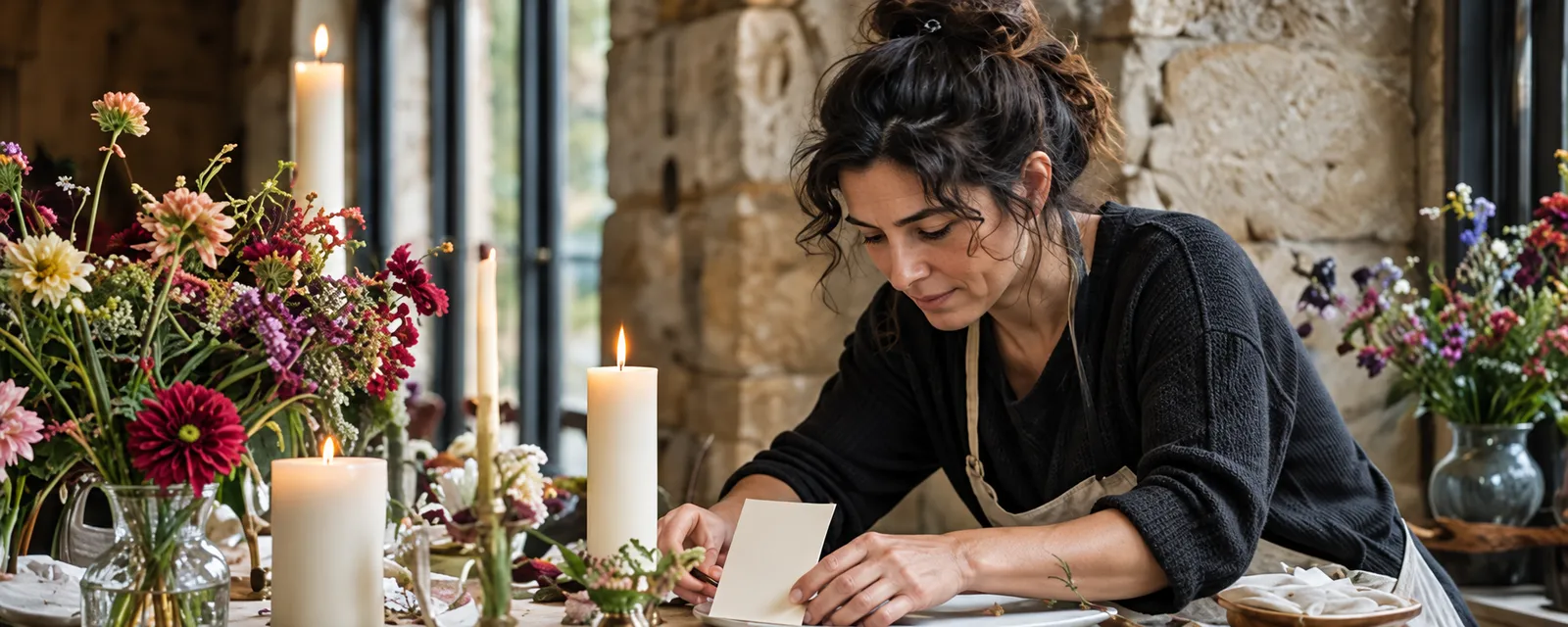 Noor Haddad writing a table plan among candles and jars of flowers in a stone barn