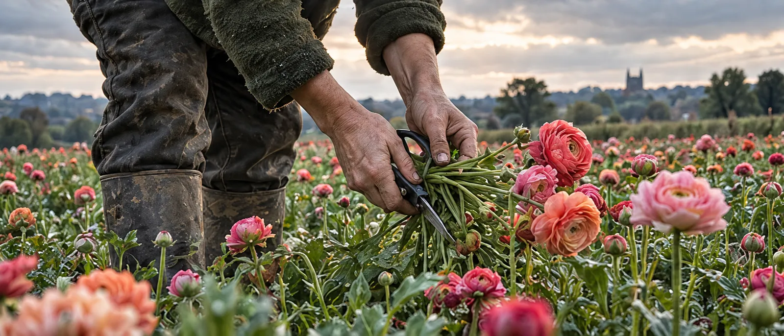 A grower bends to cut coral ranunculus in a field at dawn, a church tower on the horizon
