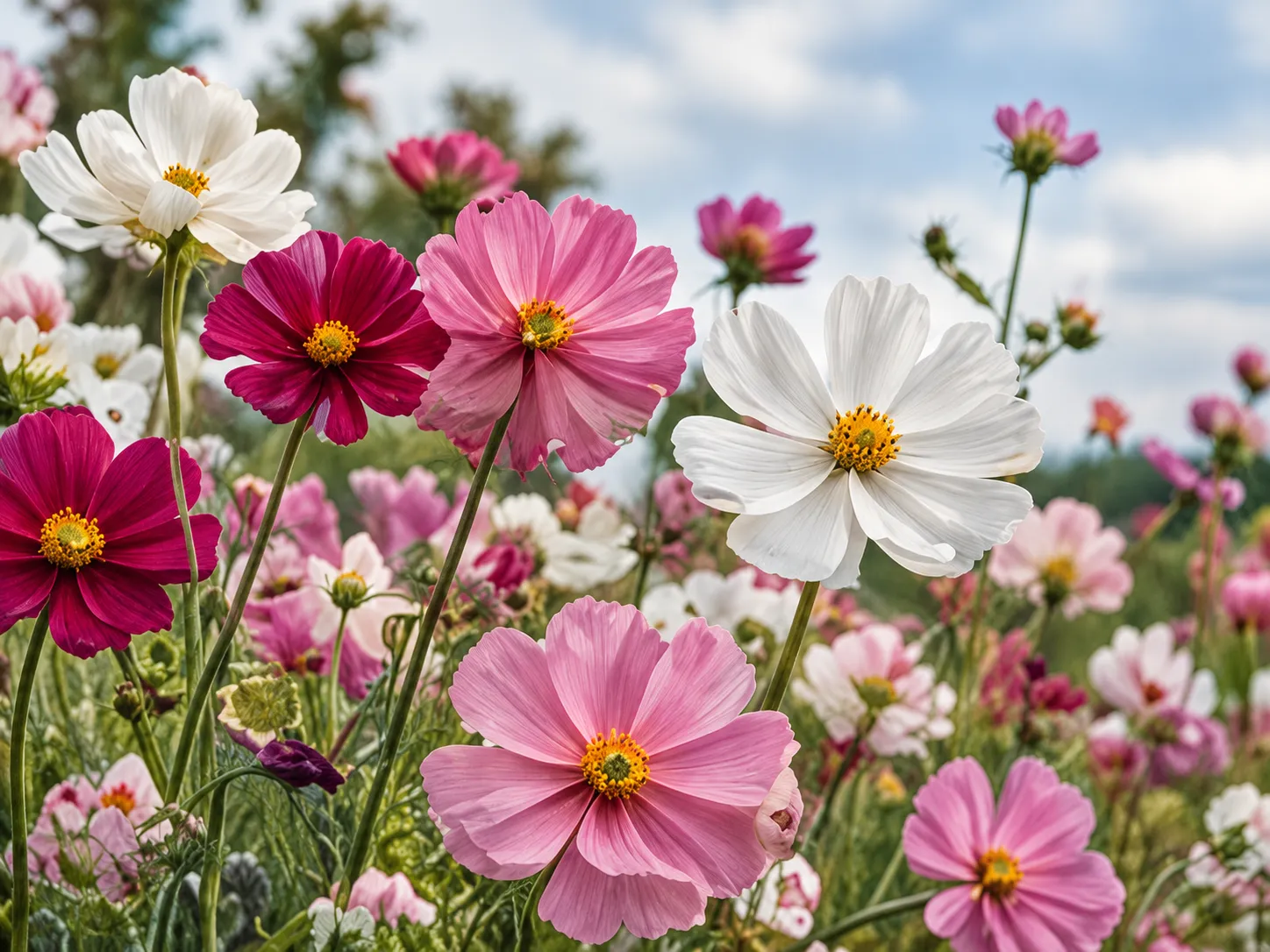 Pink, magenta and white cosmos under a pale sky
