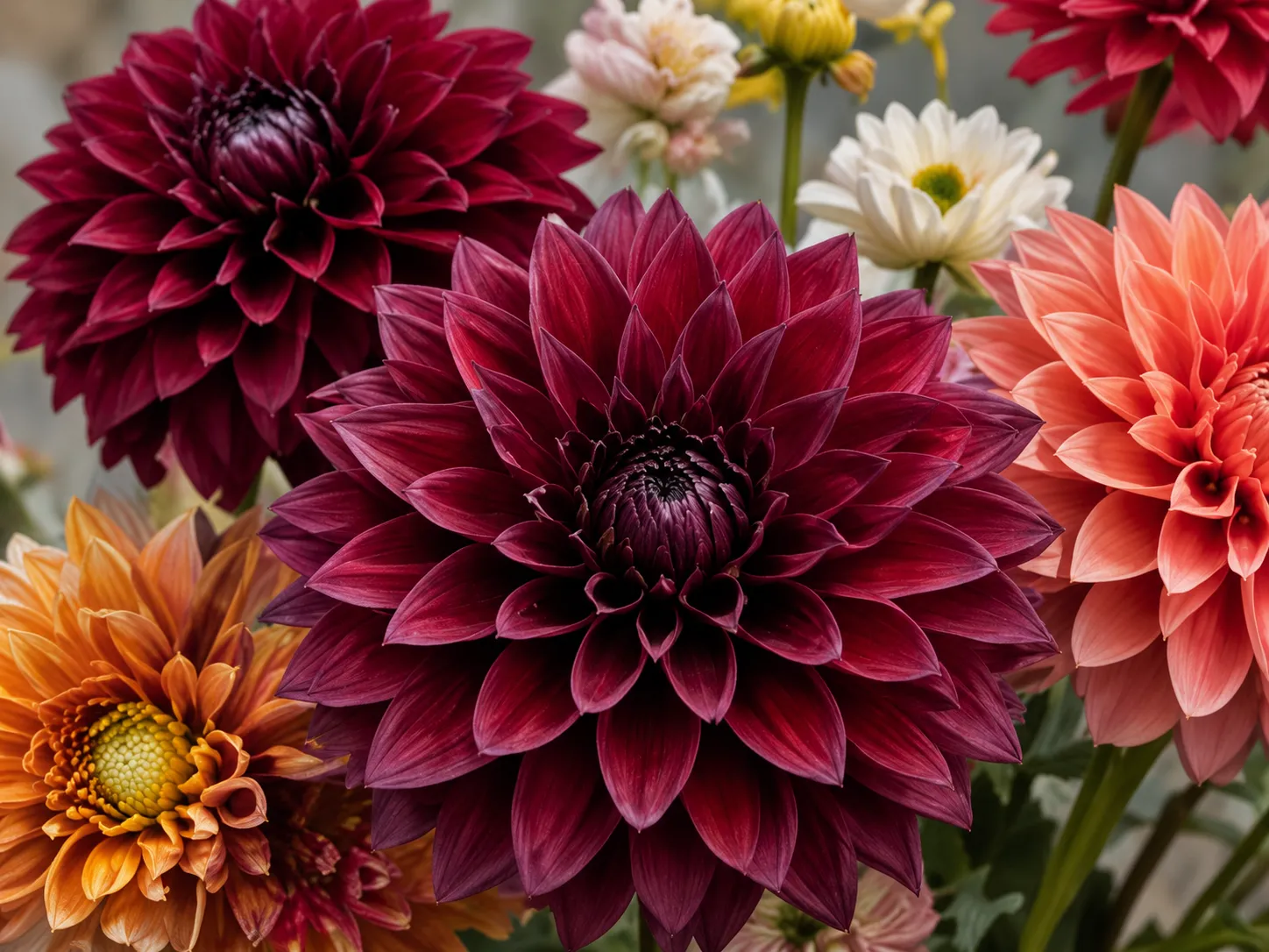 Plum, burgundy and coral dahlias
