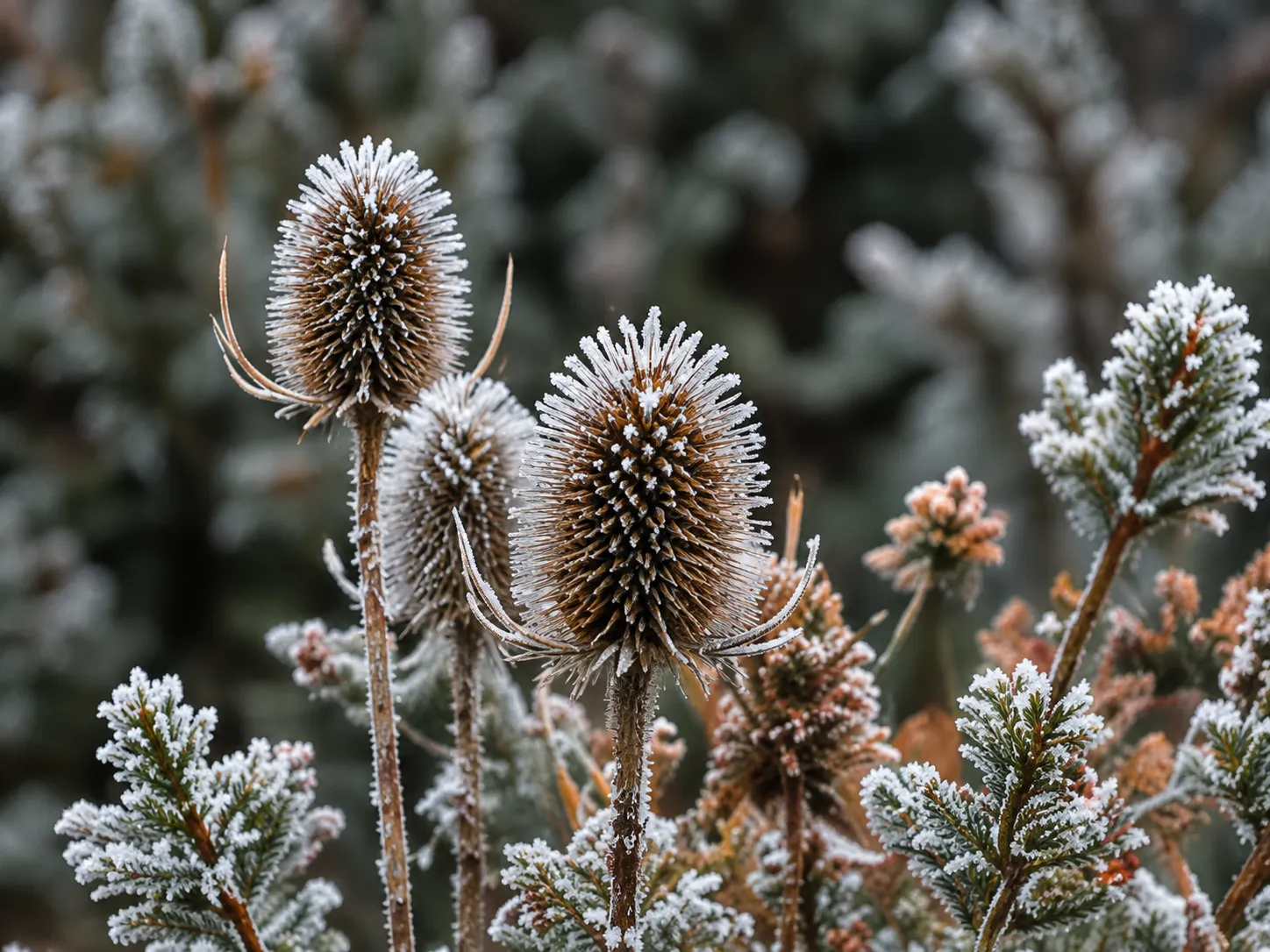 Frosted teasel seed heads and silvery evergreen foliage
