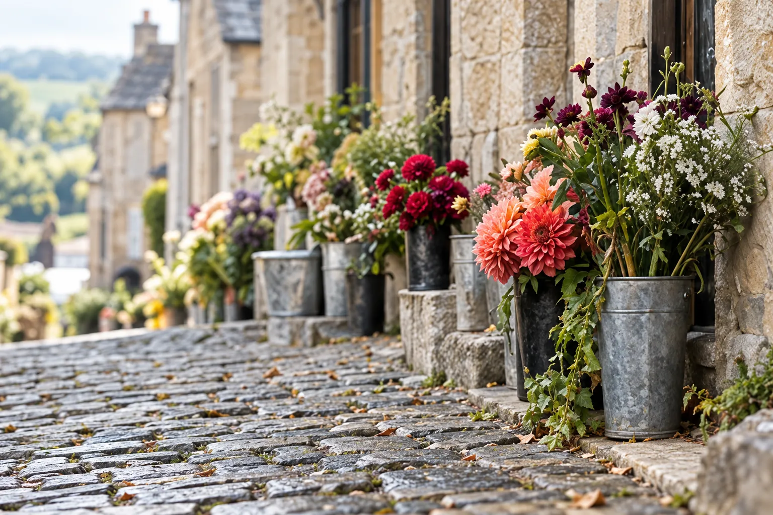 Zinc buckets of dahlias along the stone wall of the shop on a steep cobbled street